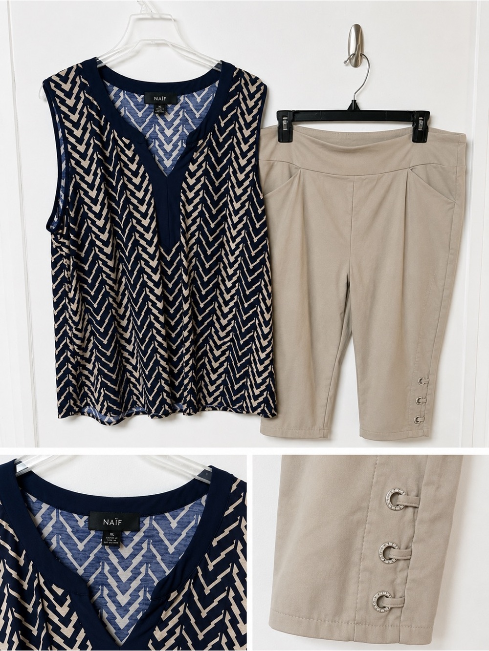 ⭐️3/$20 NAIF XL Geometric Top & Kate Park L Beige Capri Pants Outfit Bundle